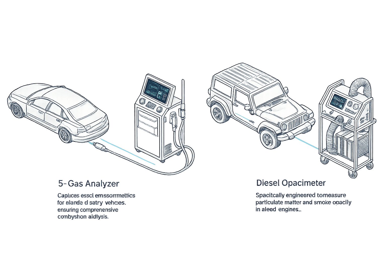 Petrol analyzer and diesel opacimeter test setups